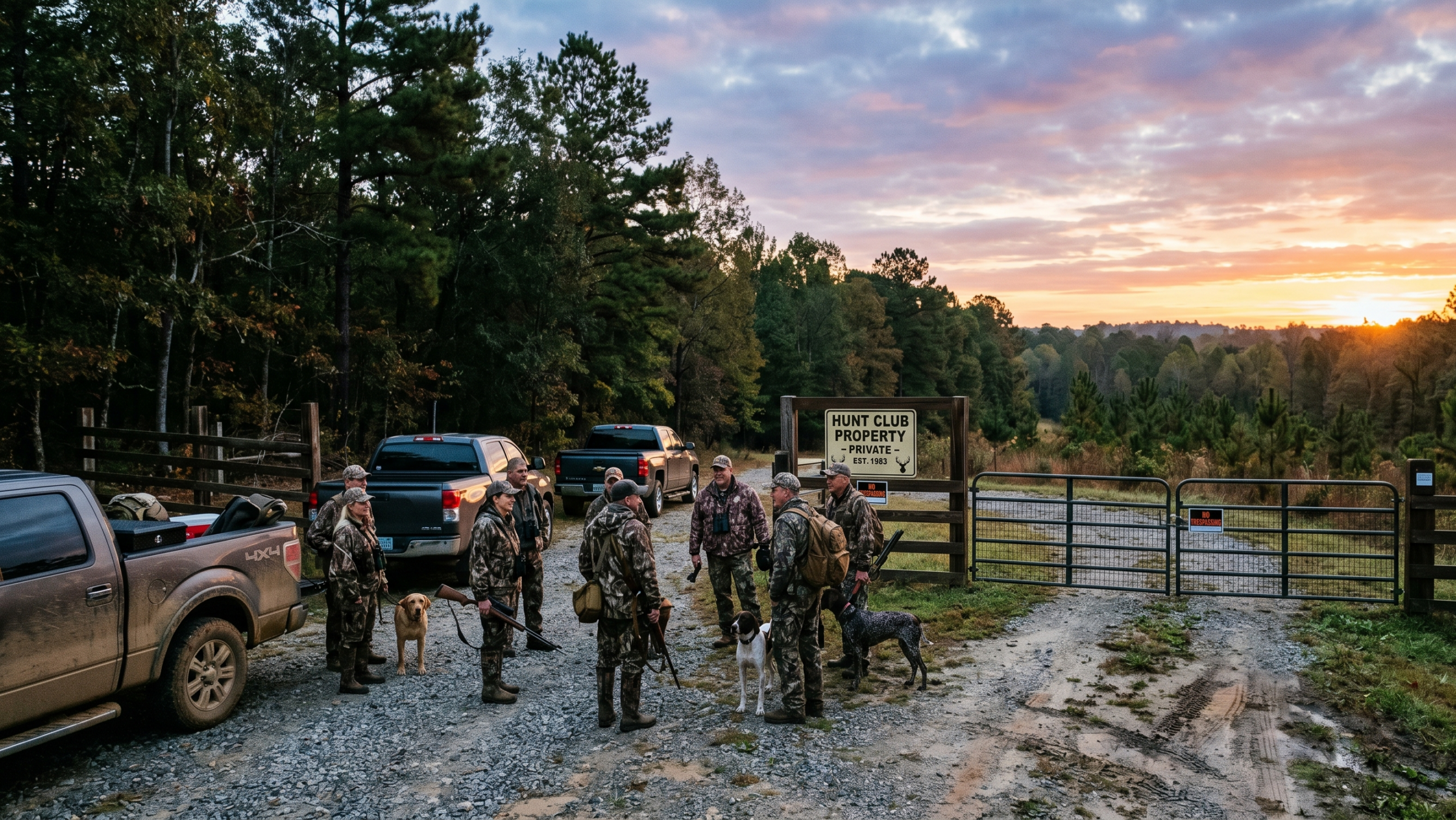 Hunt club members gathered at the gate of a leased hunting property at sunrise